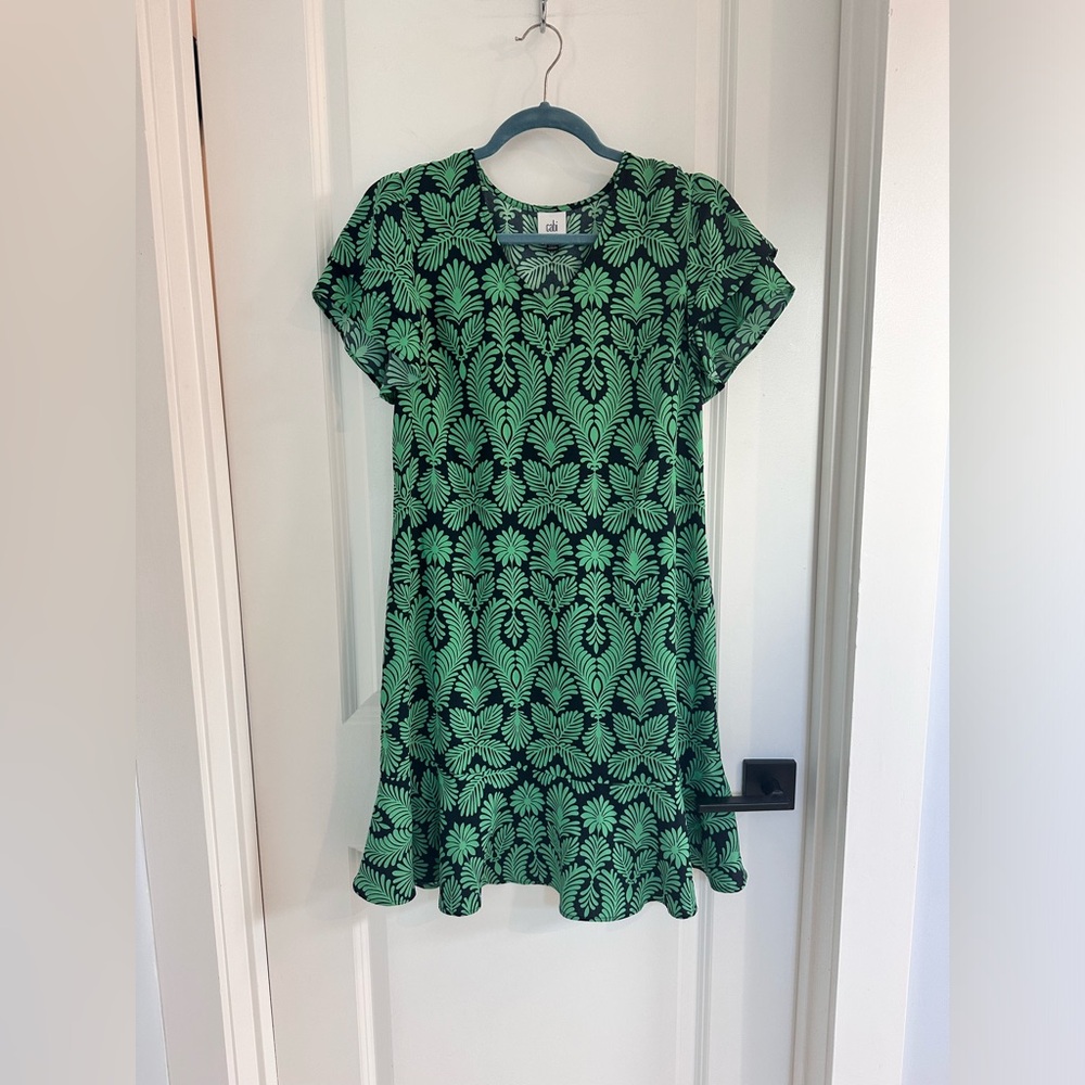Women's Green Patterned Ruffle-Hem Dress